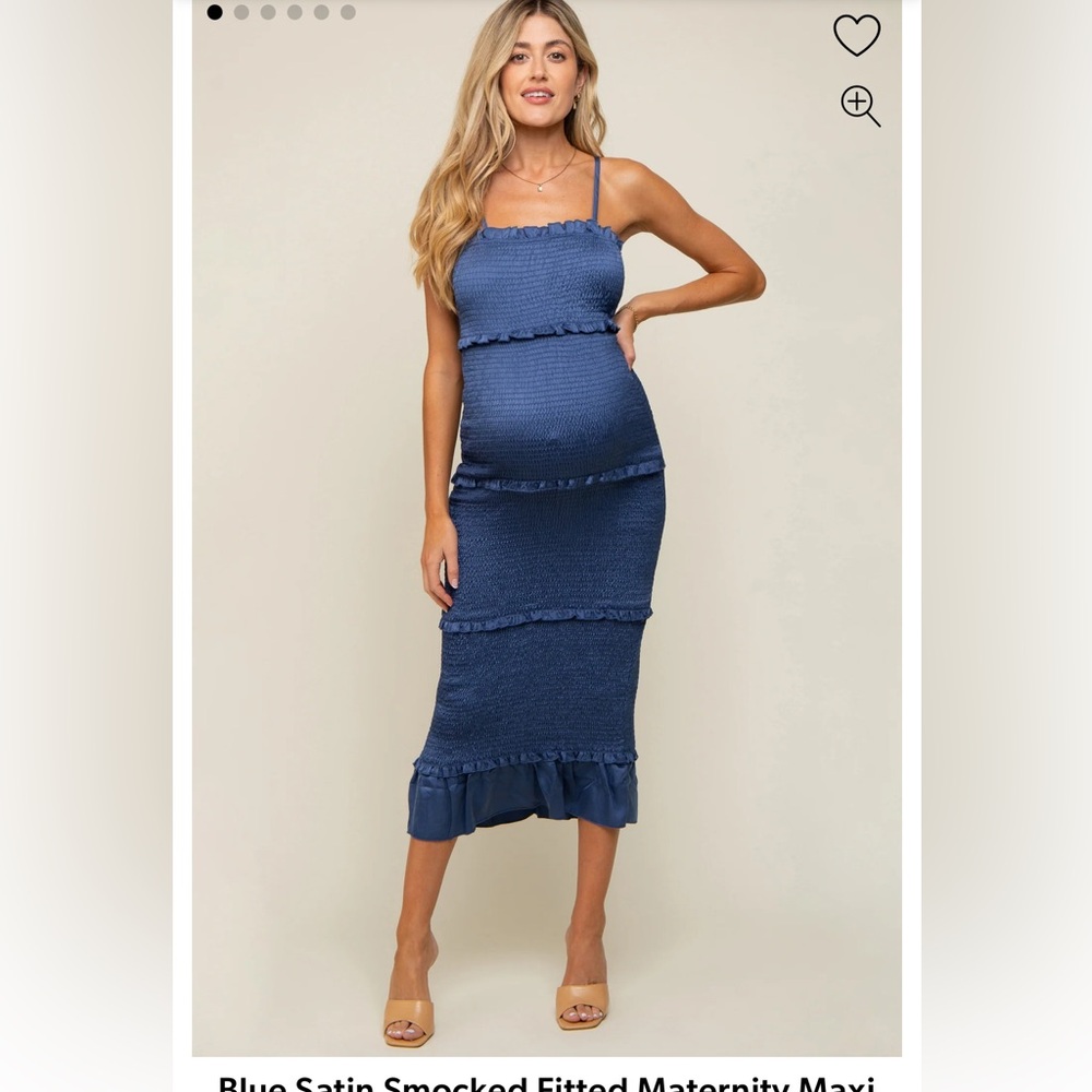 Blue Satin Smocked Fitted Maternity Maxi Dress